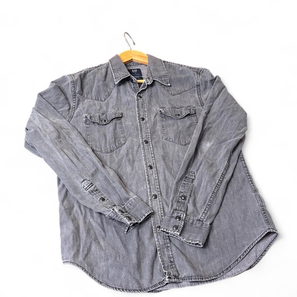 GAP Men shirt Medium Grunge Cowboy Western Snap Denim Shirt Charcoal Black Slim